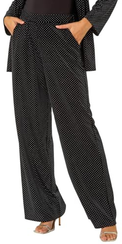 Roman Originals Velvet Stud Detail Wide Leg Stretch Trouser for Women UK - Ladies Everyday Autumn Winter Comfy Soft Evening Vacation Work Party Night Out - Black - Size 18