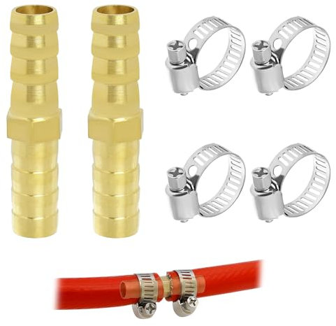 Connecteur cannelé en Laiton, Raccord de tuyau en laiton, Connecteur de Tuyau en Laiton de 8mm 2 Pièces avec 4 Colliers de Tuyau en Acier Inoxydable pour l'eau, le carburant, l'air