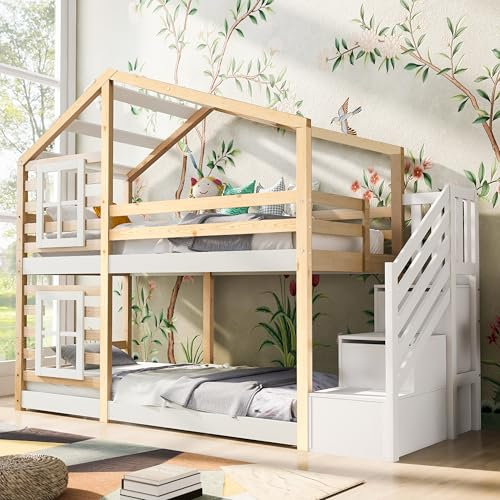 YESGIGA Lit pour enfant, cabane dans les arbres, 90 x 200 cm, lit superposé, pour enfants, construction de fenêtre, avec rangement et protection anti-chute