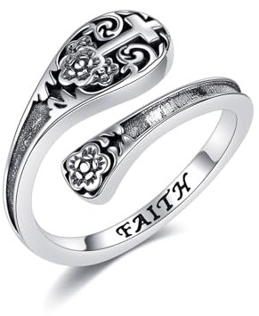 POPLYKE 925 Sterling Silver Cross Spoon Ring for Women Oxidized Vintage Flower Faith Rings Adjustable Size Inspirational Daisy Jewellery for Women