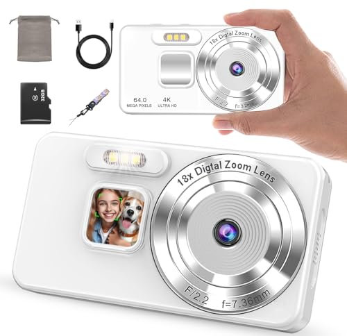 4K Digitalkamera, 64MP Autofokus Kompaktkamera mit 18X Digitalzoom, 2,8 Display, Loop-Aufnahme & Webcam, Digitale Kamera mit 32GB SD-Karte, für Vlogging, Reisen & Anfänger