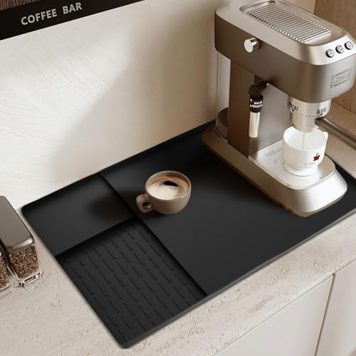 BTBHIHO Silicone Coffee Mat 60.8x40.5cm, Food-Grade Black Coffee Machine Tray, Heat Resistant Non-Slip, 3-Section Bar Protector, Drain Mat for Kitchen Counter, Home & Cafe Use