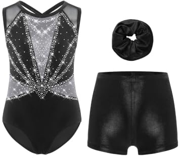 3 Pièces Ensemble de Gymnastique pour Fille Enfant B Noir argent 9-10 ans