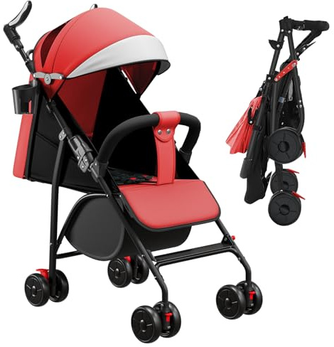Kinderwagen mit Verstellbarer Rückenlehne, 6 Monate bis 4 Jahre, Faltbar, Liegebuggy, Verstellbarer Griff, bis zu 10kg (Rot)