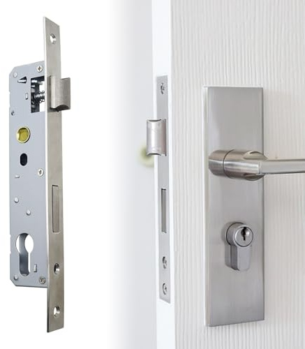 OMJMYY Serrure à larder pour porte de jardin - Serrure à cadre tubulaire - En acier inoxydable - Distance : 85 mm - Distance au canon : 25 mm - Insert de serrure pour portes métalliques gauche/droite