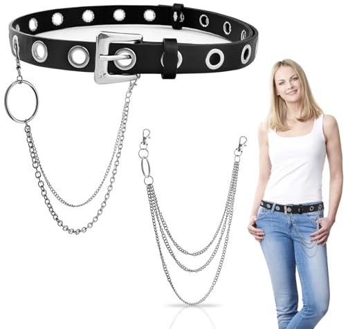GZjiyu Cinturón de piel con remaches para mujer y metal,105 cm, color negro | cinturones mujer Con Cadena, Decorativo Para Hombres y Mujeres