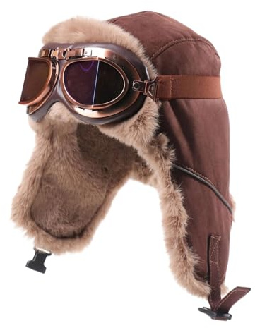 GIBZ Trappermütze mit Brille Winter Winddicht Pelz Fliegermütze | Warme Pilotenmütze Vintage Hut für Herren und Damen