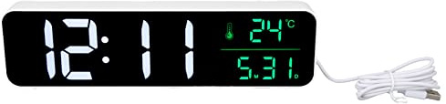 HPZIHUIT LED-Musikwecker, 5 einstellbare Helligkeiten, 12/24 Stunden, großes Display, Temperatur, Datumsanzeige, Digitaluhr, Plug-in-Nutzung (Weiß)