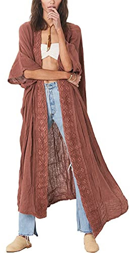 L-Peach Women's Summer Long Beach Dress Kimono Maxi Kaftan Cover ups Wine Red