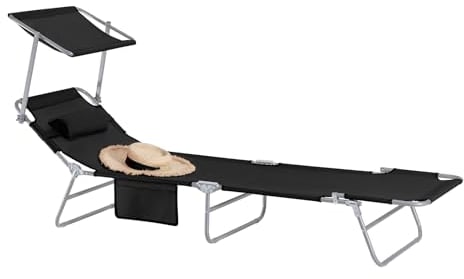 SoBuy Sonnenliege klappbar Gartenliege Liegestuhl klappbar mit Sonnendach & Kopfkissen & Seitentasche Strandliege Balkon Relaxliege 155x56x81cm für Gartenmöbel Terrasse Camping Schwarz OGS48-SCH