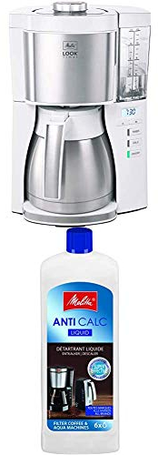 Lot avec Melitta Look Therm Timer, Cafetière Filtre, Fonction Arrêt Automatique, 10 Tasses, Blanc, 1025-17 et Melitta Détartrant Liquide, Pour Cafetières Filtres, 250 ml