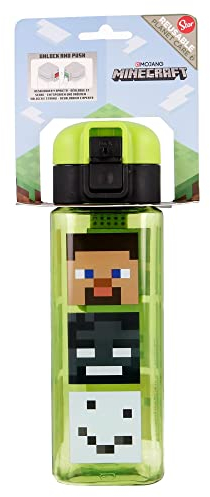 Minecraft | Kinder wiederverwendbare Flasche mit Anti-Tropf-System und Tragegriff - einfache Push-Button-Öffnung - Bpa frei - leichtes und langlebiges Material - Kapazität 550 ml