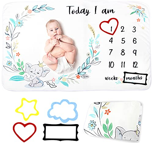 Baby Meilenstein Decke,Monatsdecke Baby Junge & Mädchen,Monats Fleece Matte Unisex Blumen und Blattelefant Tierbedrucktes Wachstum Decken mit 4 Filz Fotorahmen Neugeborene Baby Decke(100x150cm)
