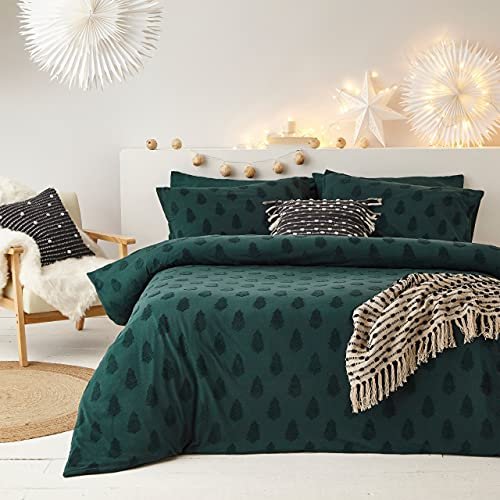 The Linen Yard Tufted Tree Duvet Cover Set, Percale, Pine Green, King