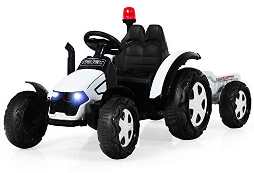GOPLUS Elektrotraktor für Kinder 3-8 Jahren, 12V Traktor mit 2,4G Fernbedienung/abnehmbarem Anhänger/Scheinwerfer/Hupe/MP3-Player/USB-Anschluss/Warnleuchte, Spielzeugtraktor, Aufsitztraktor (Weiß)