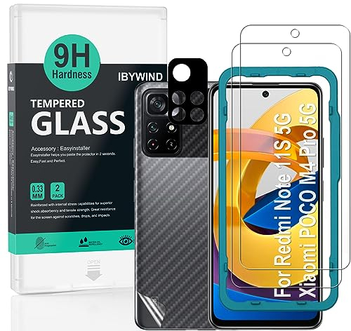 Ibywind Verre Trempé de Protection pour POCO M4 Pro 5G/Redmi Note 11S 5G,avec Métal Protecteur D'écran de Caméra,Protection arrière Effet Fibre de Carbone,avec Une kit d'installation Facile