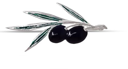Alfiler plata Ley 925m rama olivo 46mm. aceitunas esmaltadas color negro