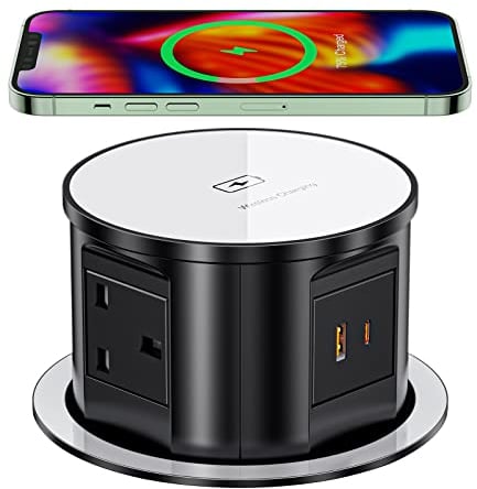 4 Outlets Pop up Socket for Kitchen Worktops, Ohuo Hidden Recessed Power Socket with Wireless Charger, 4 UK Plug, USB-C, 2m Cable