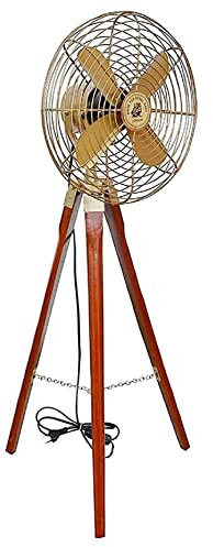 ANTIQUECOLLECTION Vintage Style Brass Antique Tripod Fan With Stand Nautical Floor Fan Home Decorative