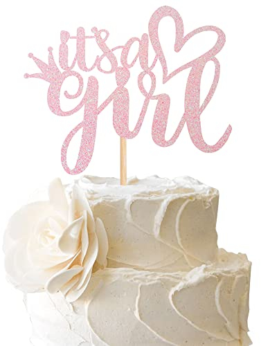 SYKYCTCY 1 Pack It’s a Girl Cake Topper Glitter Sweet Baby Girl Cake Picks Gender Reveal Baby Shower Cake Decorations Photo Booth Props, Baby Shower Party Supplies Pink