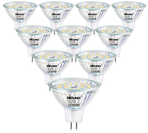 DiCUNO MR16 LED Light Bulbs, GU5.3 Spotlight Bulb Dimmable, 12V DC 5W Equivalent to 50W Halogen, Natural White 4000K, 500LM, 120° Beam Angle Bi-Pin Base Track Light, 10 Packs