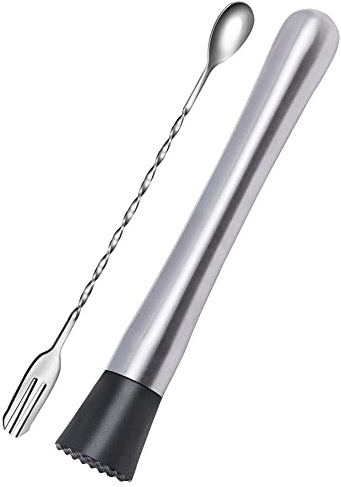 Ortarco 10 Inch Stainless Steel Muddler for Cocktail and 10 Inch Mixing Bar Spoon, 2 Pices Home Bar Tool Set