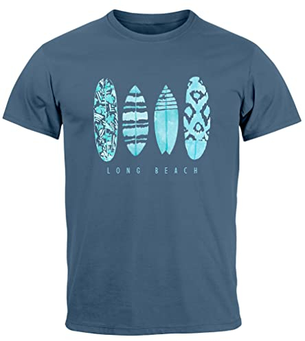 Neverless® Herren T-Shirt Surfing Fashion Aufdruck Long Beach Surfboard Sommer Strand Streetstyle blau türkis L