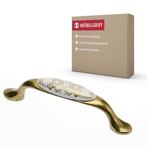Gedotec Möbelgriff aus Porzellan und Metall | 1 Stück | Griffe für Küchenschränke inkl. Befestigungsmaterial | OLGA | Möbelgriffe Messing antik Orient Gold mit BA 96 mm | Türgriffe - Türgriffe Küche