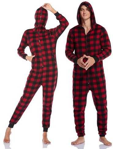 COLORFULLE Weihnachts-Einteiler für Paare, Fleece-Overall mit durchgehendem Reißverschluss, Pyjama, langärmelig, mit Taschen (Rot Kariert,Herren,M)