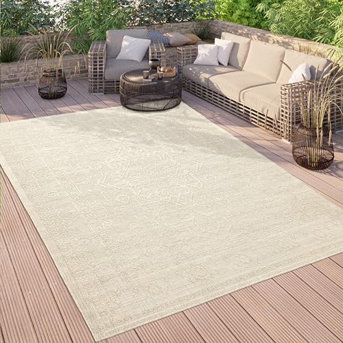 Paco Home Outdoor Teppich Wetterfest Balkon Küche Wohnzimmer Orientalisches Muster Vintage Optik Einfarbig 3D Modern, Grösse:240x340 cm, Farbe:Creme 2