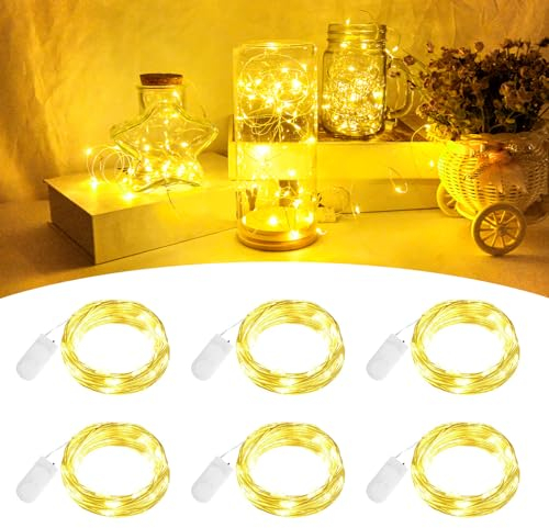 BOLWEO LED Lichterkette Batterie 6 Stück 2m 20Leds Warmweiß Mini LED Lichterkette mit Batterie Kupfer Drahtlichterkette für Party, Weihnachten, Halloween, Schlafzimmer, Lichter Flasche Dekoration