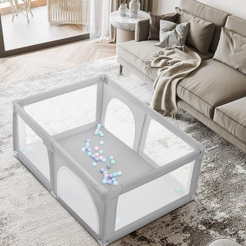 Laufstall für Babys, Laufgitter für Kinder, Sicherheitszentrum für drinnen oder draußen, inkl. 50 Meereskugeln und 4 Zugringe, 180 x 120 x 66 cm, Hellgrau