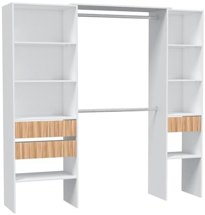 Home Heavenly® - Vestidor abierto EDITH con estantes, cajones y barras para colgar. Armario sin puertas reversible 190 cm ancho. (Blanco Artik - Natur)