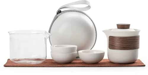 TAMUME Service à thé de voyage en porcelaine avec 1 théière, 1 cuillère à thé et 3 tasses à thé avec pochette de voyage portable – Blanc