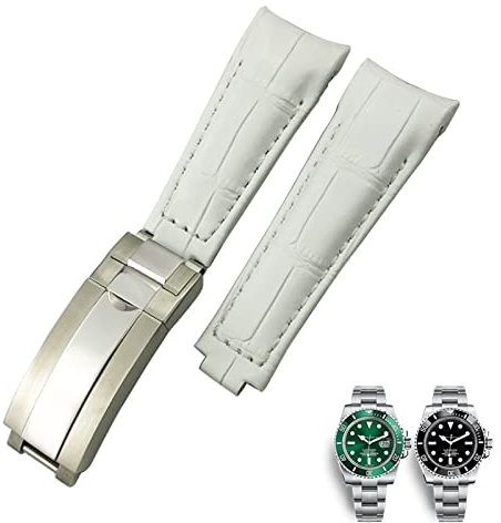 UMCNVV 20mm Curved End Watchbands Leather Strap Fit for Rolex 116610 Submariner Oyster GMT Daytona Slide Lock Buckle Cowhide Bracelets (Color : Whtie, Size : 20mm)