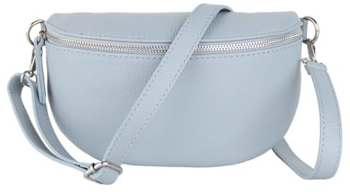 MIRROSI® Bauchtasche Damen, Made in Italy, Echtleder Umhängetasche Echtes Leder, Brusttasche, Crossbody Bag aus Echtem Leder, in 3 Größen erhältlich (Babyblau Silberner Reißverschluss) (Gr.S)