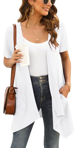 Wiwclo Open Front Plus Size White Kimono Cardigan Short Sleeve Lightweight Summer Jacket with Pockets Draped Duster Vest Shrug Top High Low Hem,3XL