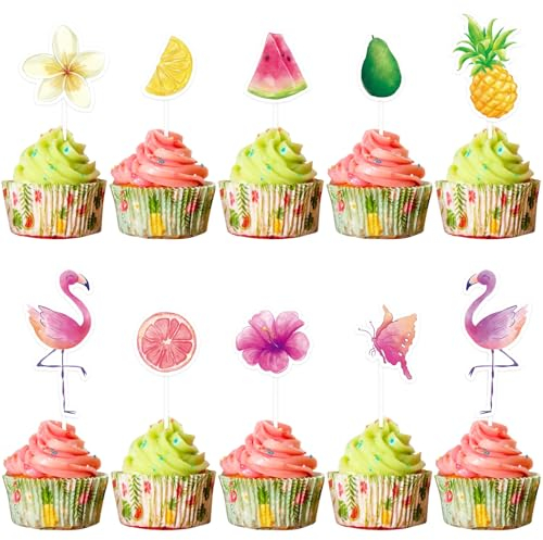 WERNNSAI Flamingo Cupcake Topper – 40 Stück hawaiianische Kuchentopper für Kinder und Mädchen Geburtstagsparty Zubehör Blumen Obst Cupcake Kuchendekorationen für Sommerpartys Babyparty Dekorationen