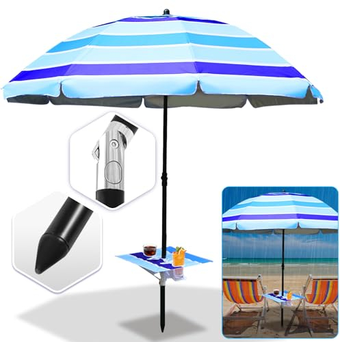 Eulenke einstellbar Strandschirm Sonnenschirm Strand Ø 213cm, UV50+, mit Tisch&Haken&Tragetasche, stark Regenschirmrahmen und Regenschirmgriffstruktur,Anti -Wind und Haltbarkeit,Blau gestreift