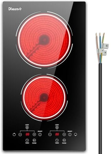 Glaskeramikkochfeld 2 Platten 3000W, Herdplatte 2 Kochfelder Einbau 220V, Kochplatten 2er Elektrisch Touch Control, Pausenfunktion, 9 Leistungspegel, Timer, Anti-Touch-Funktion, Disaenvir