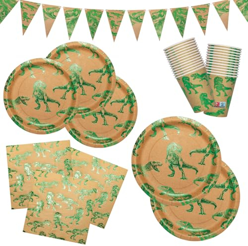 Dinosaur Party Tableware Set, 112 Pieces Party Paper Plates, Napkins, Paper Cups, Paper Banner with Green Stamping for Children's Birthday, Party