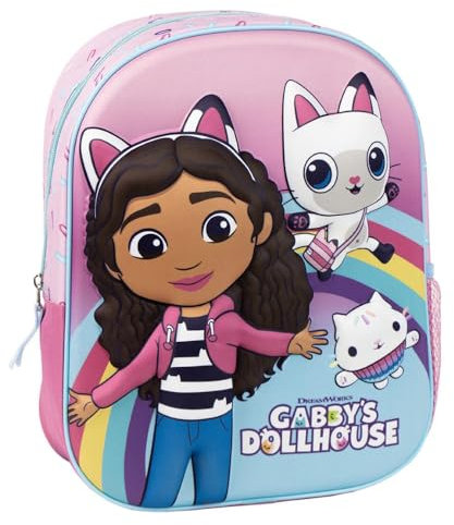 CARTOON Kindergartenrucksack Gabby's Dollhouse Tasche mit geprägten Bildern Schule Spaziergang Zubehör für Kinder 32 cm, Rosa, 32 x 26 x 8 cm