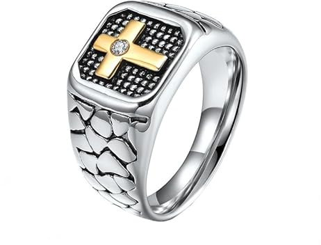 Joievievie Siegelring, quadratisch, Kreuz, Kreuz, Zirkonia, christlicher Schmuck, Herren, Größe 57, Edelstahl