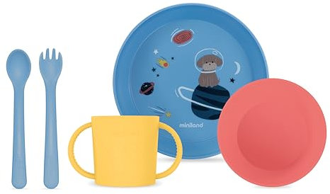 Miniland - Vajilla para Bebé de Aprendizaje | Plato, Vaso Antiderrame y Cubiertos Adaptados para Bebé | Vajilla Infantil Libre de BPA (Set Explore)