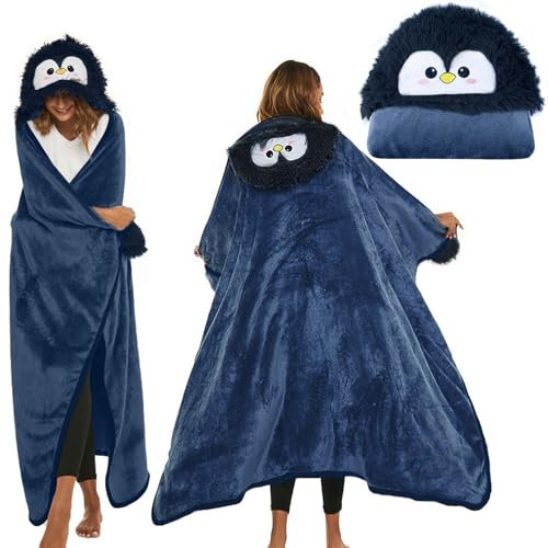 Pinguin Decke Marineblau, Kuscheldecke mit Ärmeln und Hut, Kuscheldecke Flauschig 150 * 125cm, Pinguin Geschenk Tragbare Decke, Wearable Blanket für Damen, Kuscheldecke Tier für Geburtstage, Neujahr