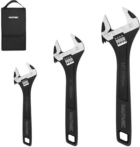 HAUTMEC 3PCS Adjustable Wrench Set Extra Wide Jaw Black Finish Adjustable Wrenches Drop-Forged CR-V Steel Metric & SAE Scales Wrench Set(150mm & 200mm & 250mm) for Home Garage Workshop DIY