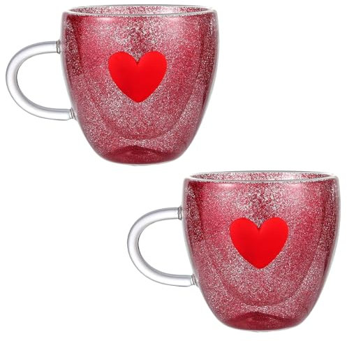 Marooma 2 Pcs Double Wall Heart Shaped Coffee Mugs, Insulated Glass Cups with Handle, Unique Red Heart Glass Espressos Mugs for Tea, Milk, Coffee, Cappuccino, Latte