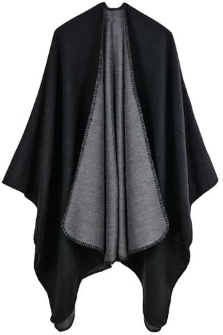 Lifetooler Poncho pour Femme Cardigan à Devant Ouvert Cape Réversible d'hiver Cape Imprimée Surdimensionnée Couverture en Tartan tricoté à Carreaux Châle à Motifs Géométriques de Bohème(Noir)