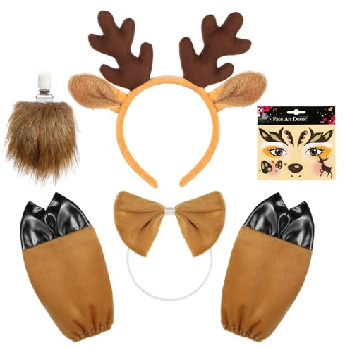 Hifot 5 Stück Rentier Kostüm Erwachsene Kinder, Rentier Haarreif Gesichtstattoo Reh Schwanz Fliege Handschuhe Set, Reh Kostüm Damen TierKostüm Zubehör für Halloween Weihnachten Karneval Cosplay Party