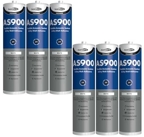 Bond It AS900 Acoustic Sealant & Wall Board Adhesive – 6x White, 900ml | Noise-Reducing – Flexible – Over-Paintable | Solvent-Free Joint Filler for Plasterboard – Ceilings – & Interiors
